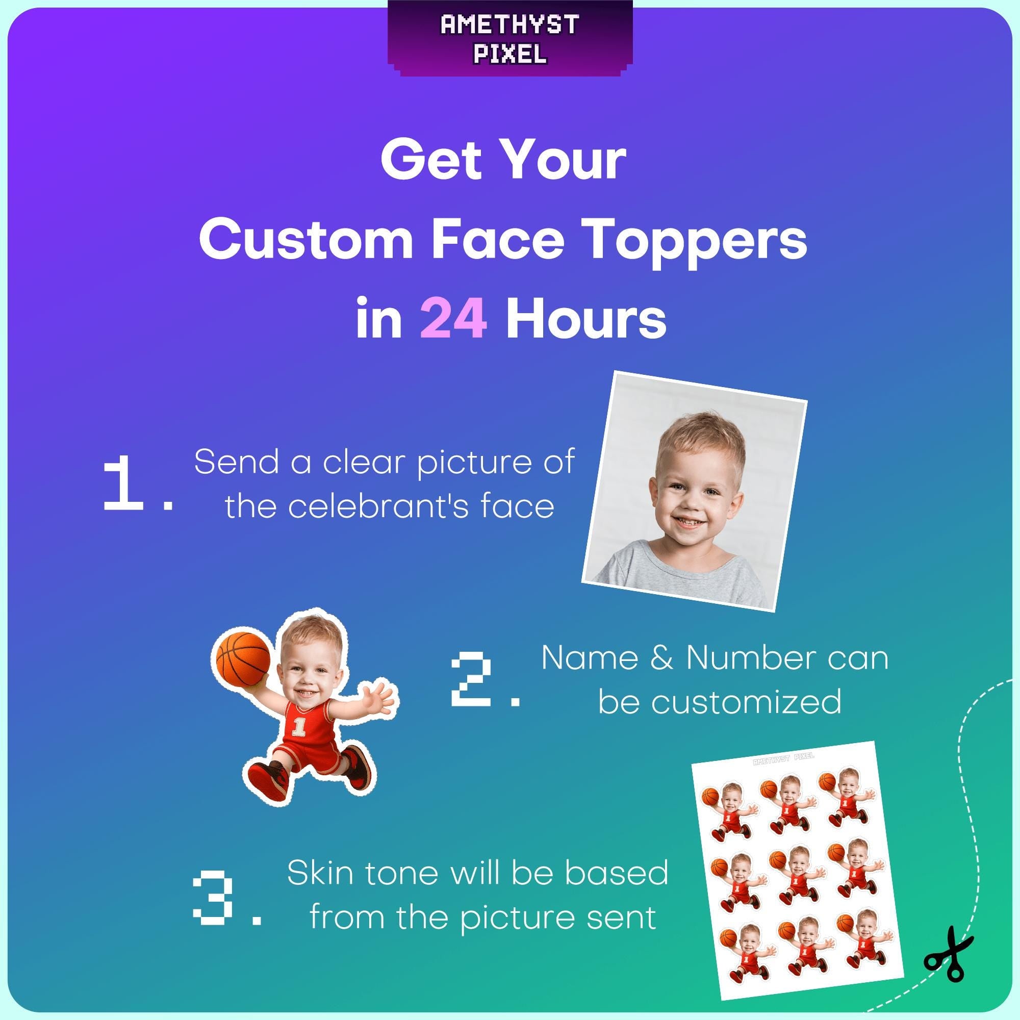 The image is a promotional poster for a service that allows users to create custom face toppers in 24 hours. It features a clear photo of a child's face, instructions for customizing the toppers, and a list of options for skin tone and number.