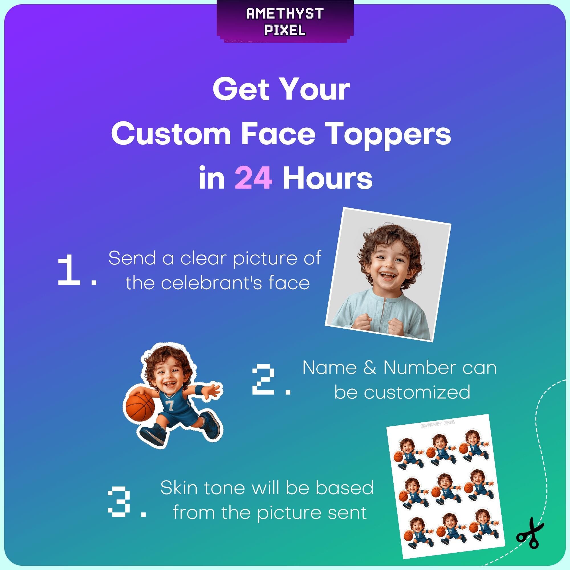 The image is a promotional poster for a service that allows users to create custom face toppers. It provides instructions on how to create a custom face topper, including sending a clear picture of the celebrant's face, customizing the name and number, and choosing a skin tone based on the picture sent.