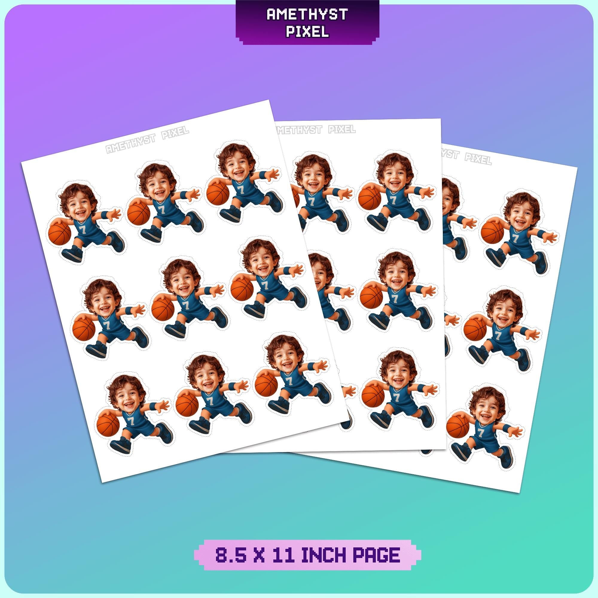 multiple identical stickers of a young boy holding a basketball, arranged in a pattern.