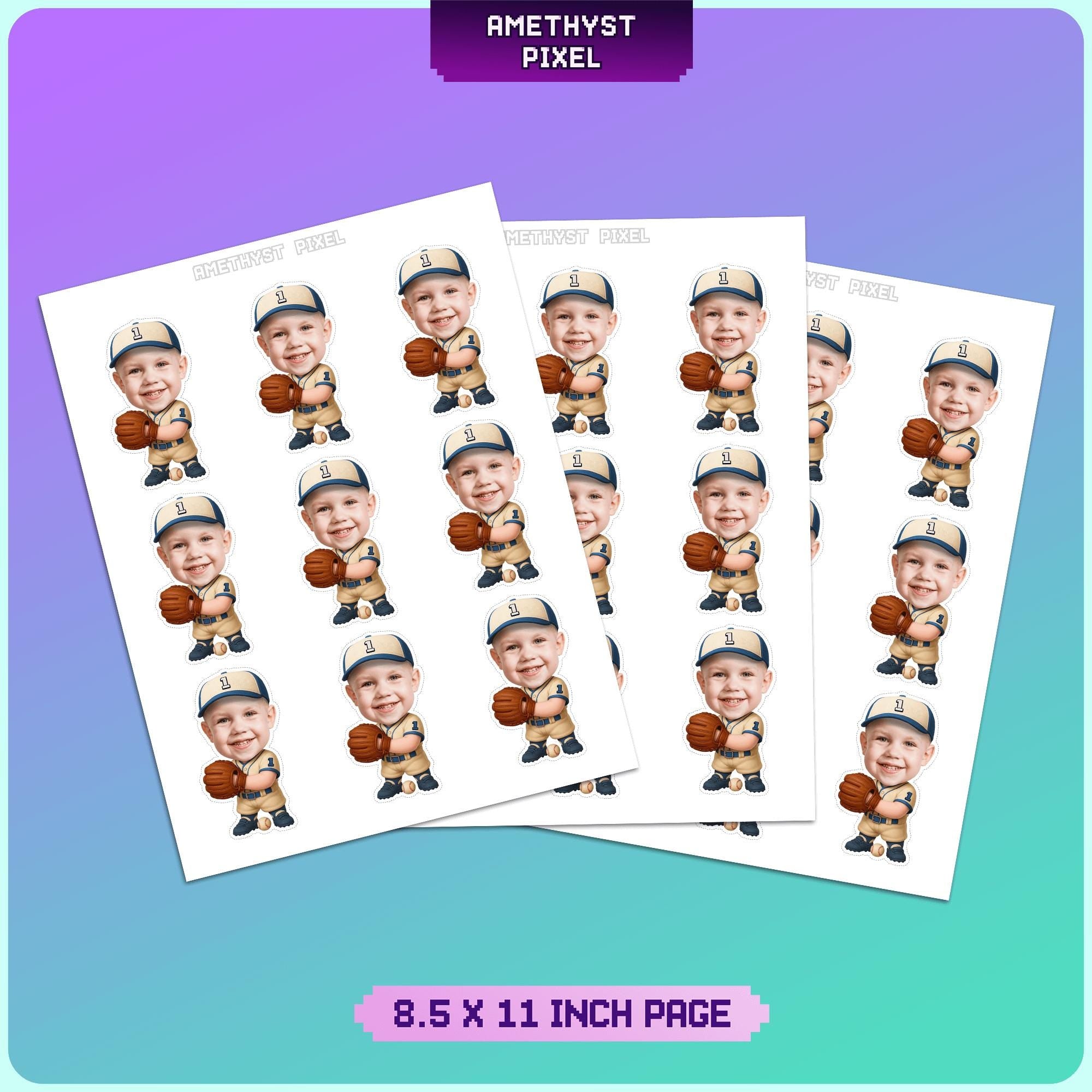 multiple identical images of a baseball player, arranged in a grid-like pattern. The image is a pixelated representation of a baseball player, and it is described as a "8.5 x 11 inch page".