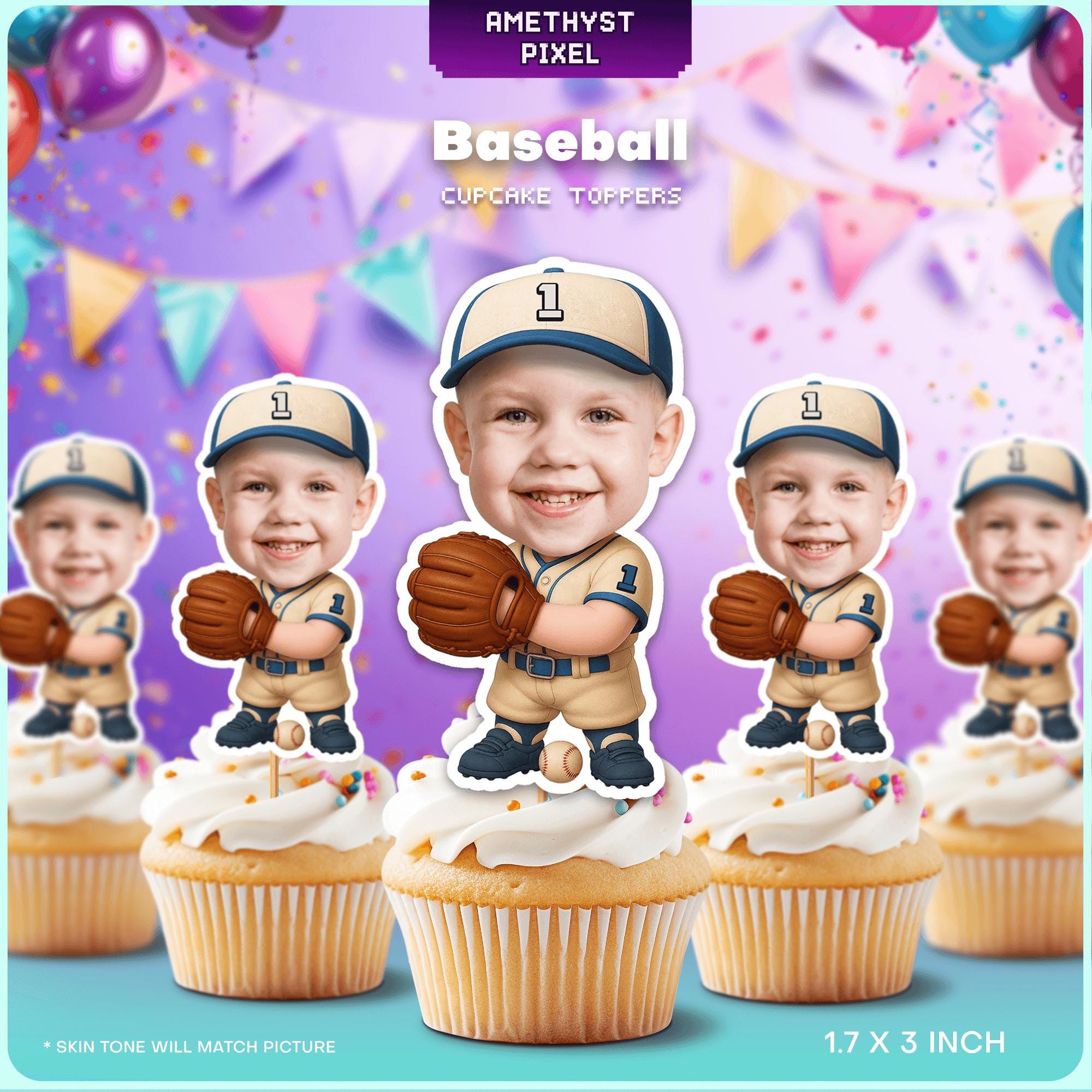 The image is a collection of cupcakes with personalized baseball-themed toppers. The toppers are designed to resemble a smiling young boy wearing a baseball uniform and holding a baseball glove. The cupcakes are arranged in a row, with each one having a topper that matches the boy's image. The background of the image is a purple color with confetti and balloons, creating a festive atmosphere.