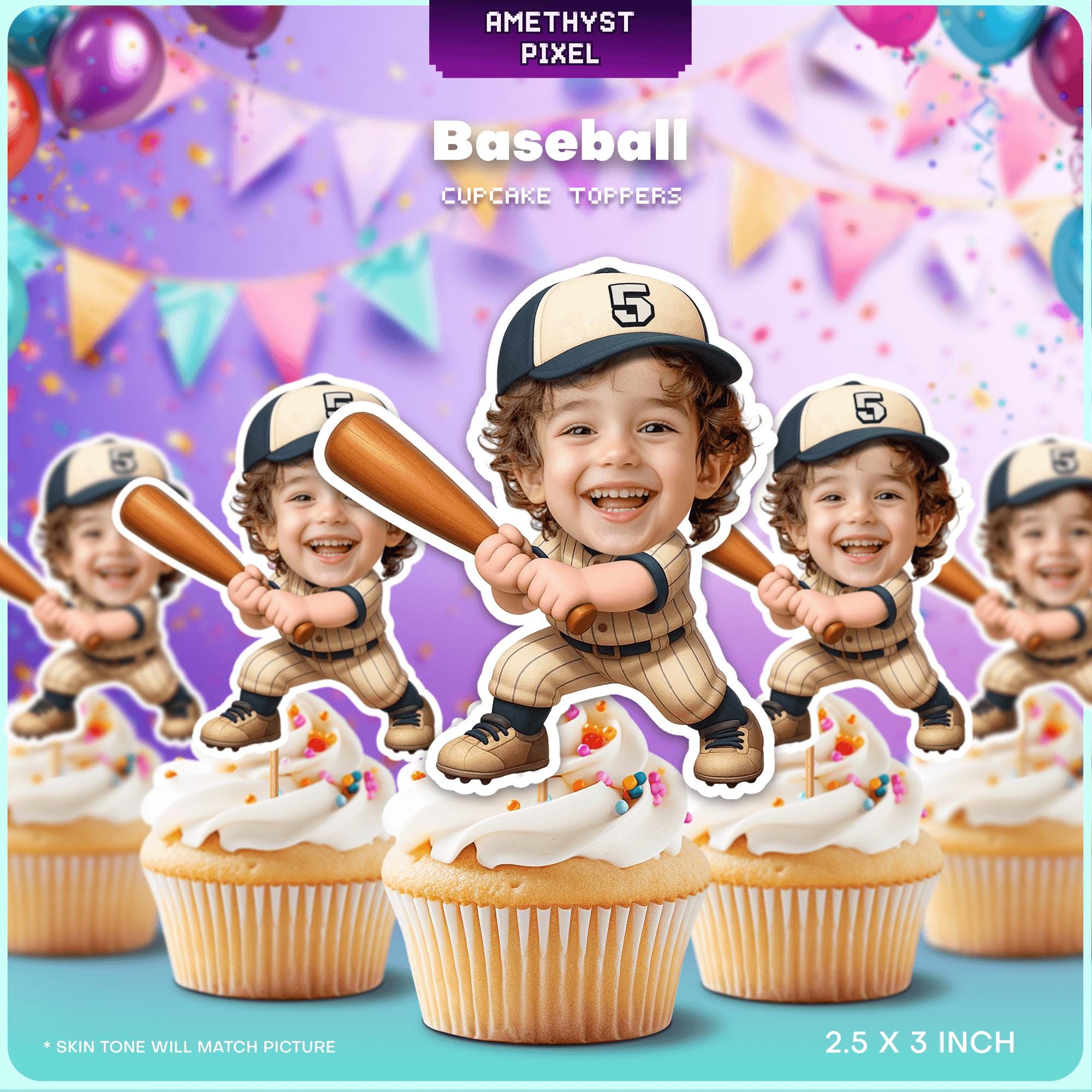 The image is a promotional poster for a product called "Baseball Cupcake Toppers". It features a young boy in a baseball uniform holding a baseball bat, surrounded by cupcakes decorated with white frosting and sprinkles. The background is a festive purple color with balloons, creating a celebratory atmosphere. The poster includes text that describes the product as a "Baseball Cupcake Toppers" and provides a size of "2.5 X 3 INCH".