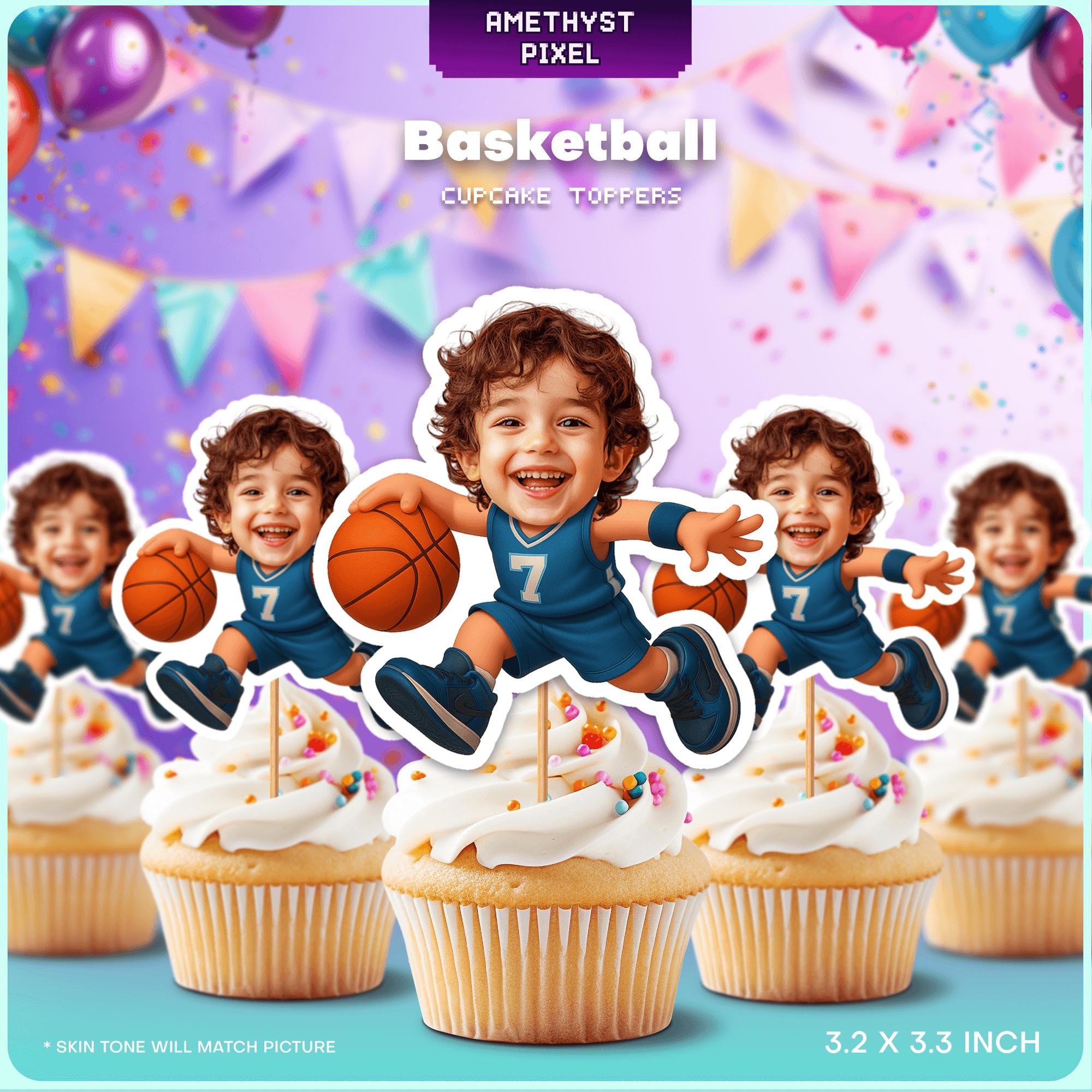 The image is a collage of multiple images featuring a young boy holding a basketball, with cupcakes decorated to look like basketball players.