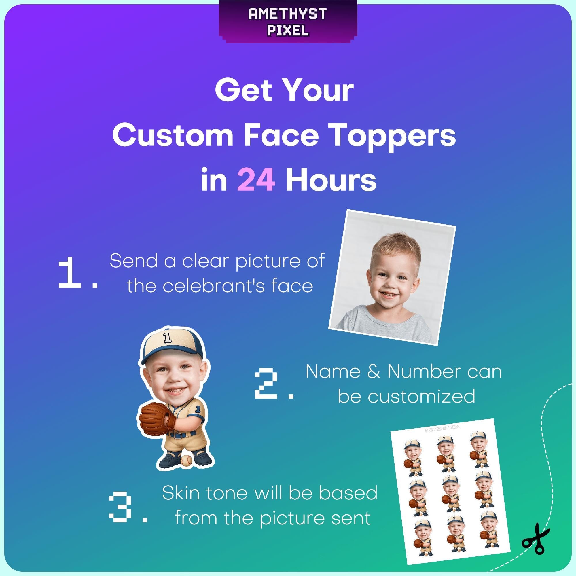 The image is a promotional poster for a service that allows users to create custom face toppers in 24 hours. It features a clear image of a child's face, along with instructions for creating a custom face topper.