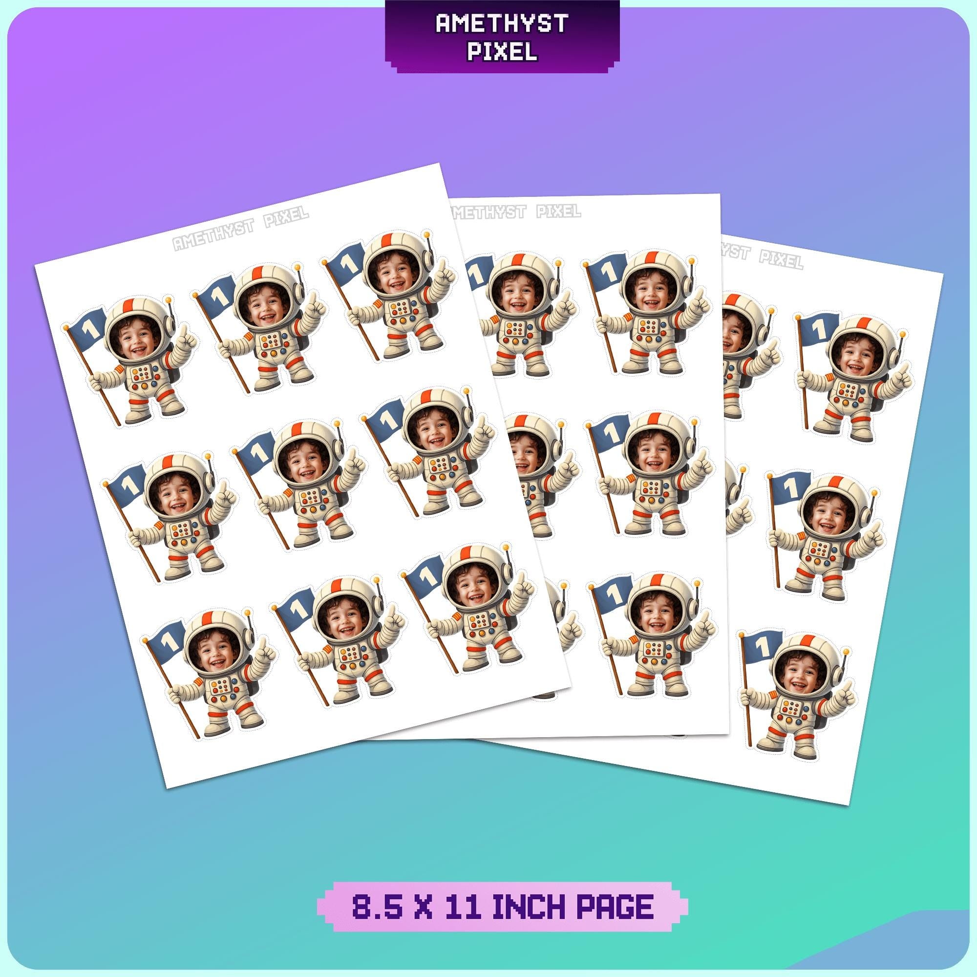 multiple copies of a space suit character, each holding a flag and smiling. The image is a collage of these character images, and it is described as an 8.5 x 11 inch page.