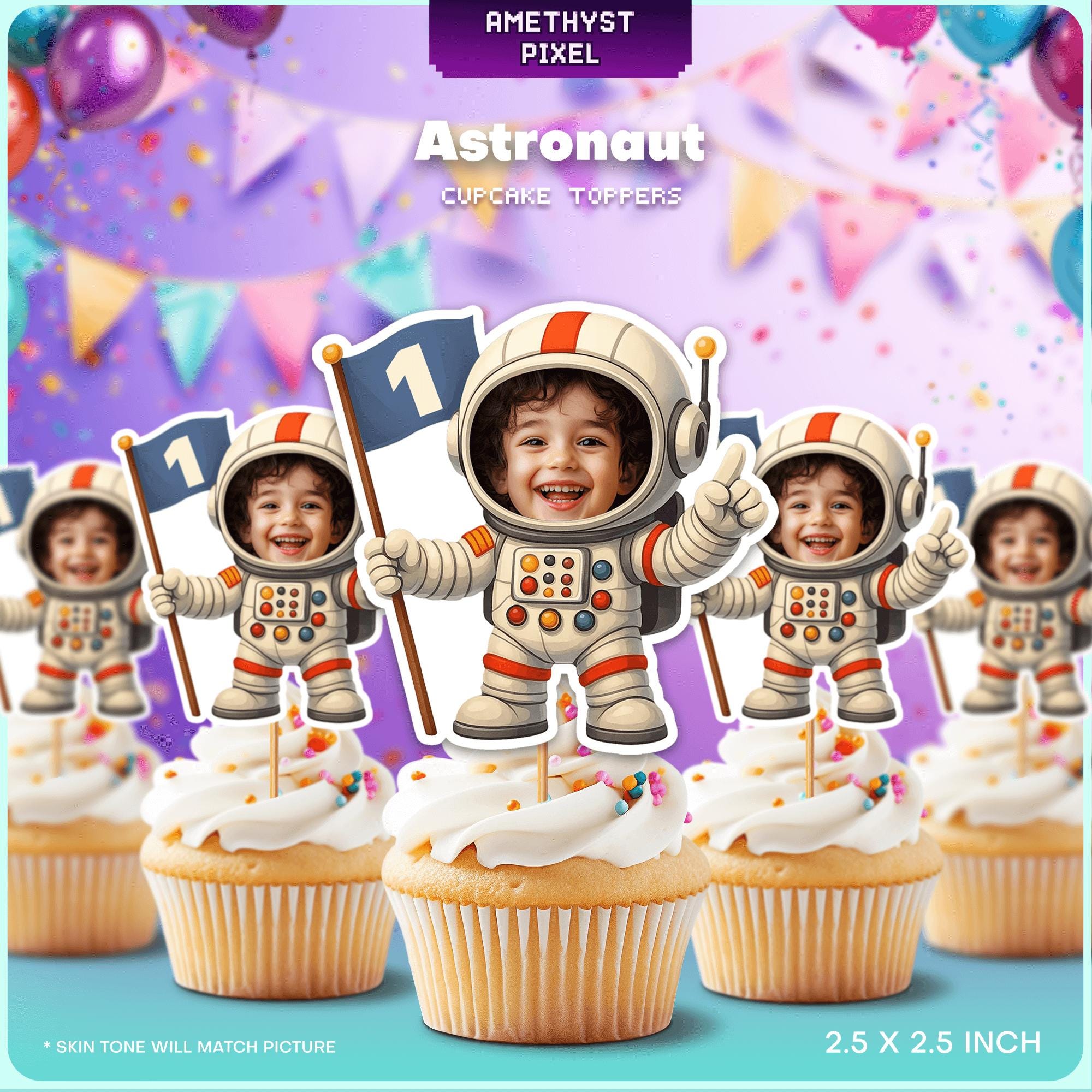 a collection of cupcakes with astronaut-themed toppers, including a smiling astronaut holding a flag.