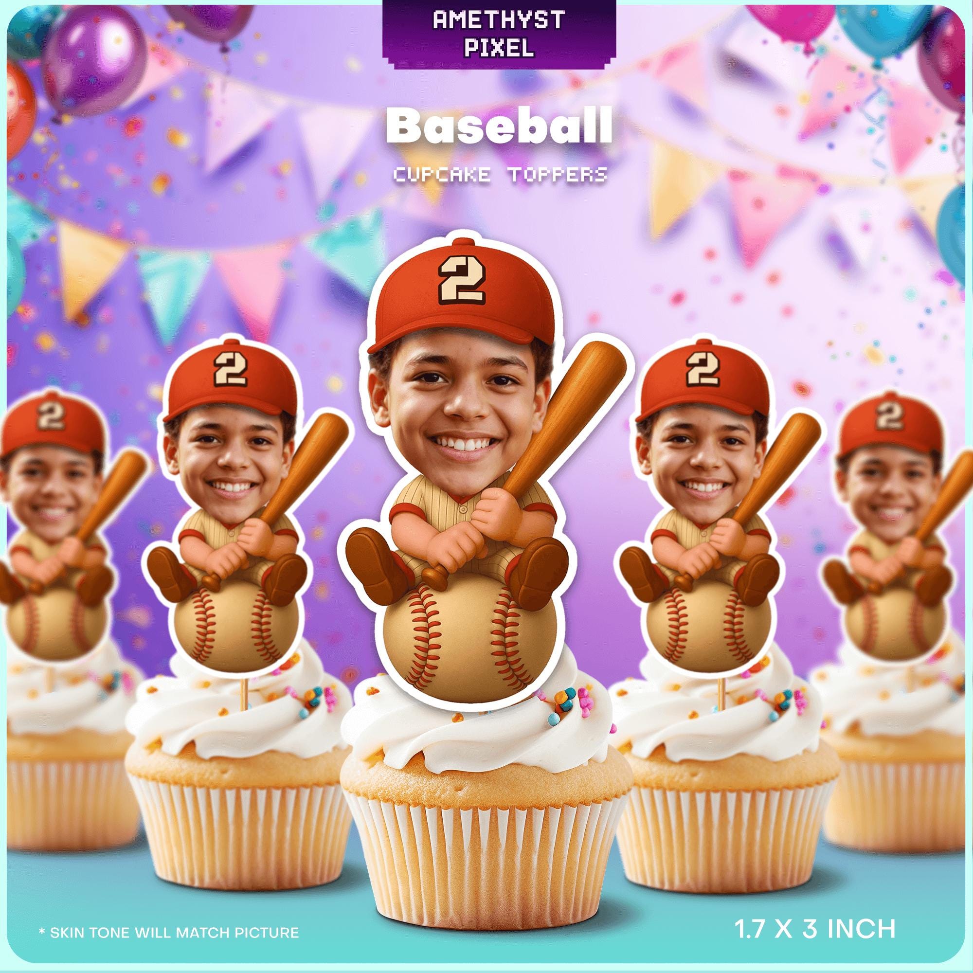 The image is a promotional poster for a product called "Baseball Cupcake Toppers". It features a group of cupcakes with baseball-themed toppers, including a face image of a smiling boy holding a baseball bat. The background is a purple color with confetti and balloons, creating a festive atmosphere. The text on the poster indicates that the image will match the skin tone of the person who will be using the toppers.