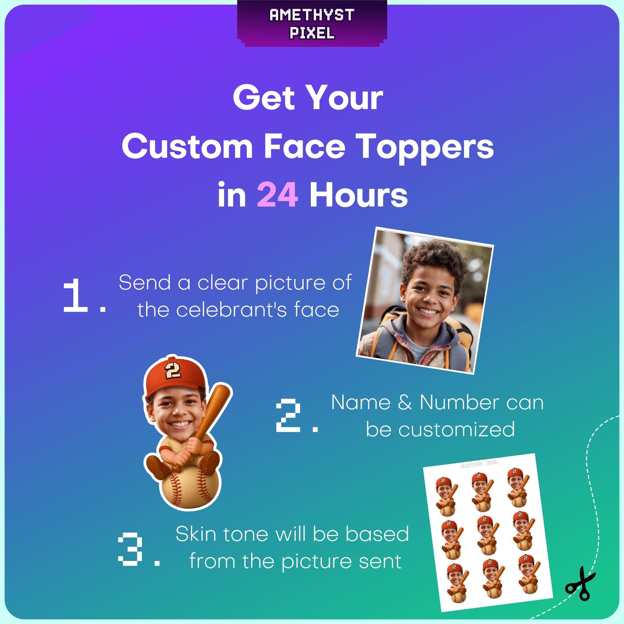 The image is a promotional poster for a service that allows users to create custom face toppers in 24 hours. It features a clear picture of a young boy's face, along with instructions for creating a custom face topper.