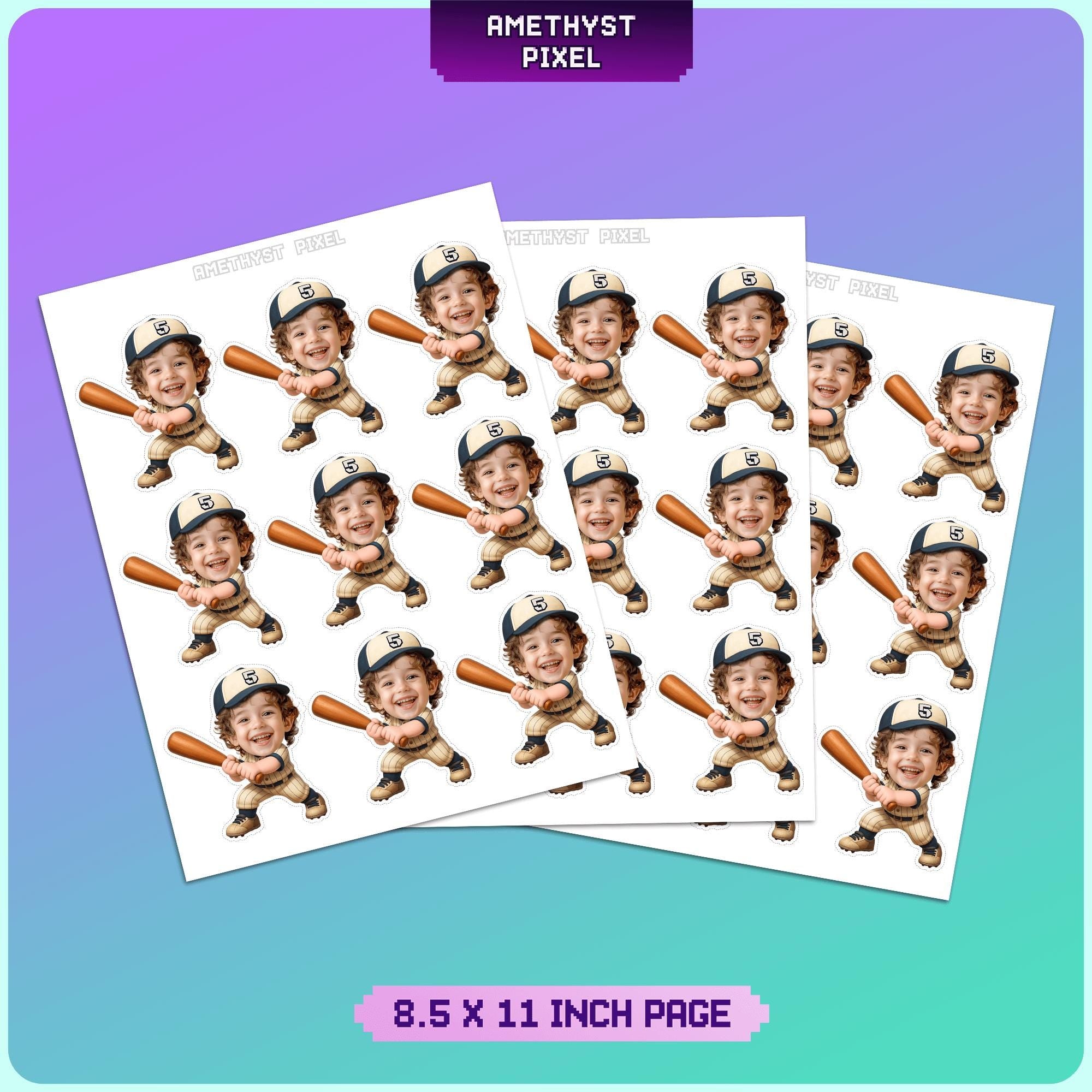 multiple identical images of a smiling young boy holding a baseball bat, arranged in a grid-like pattern.