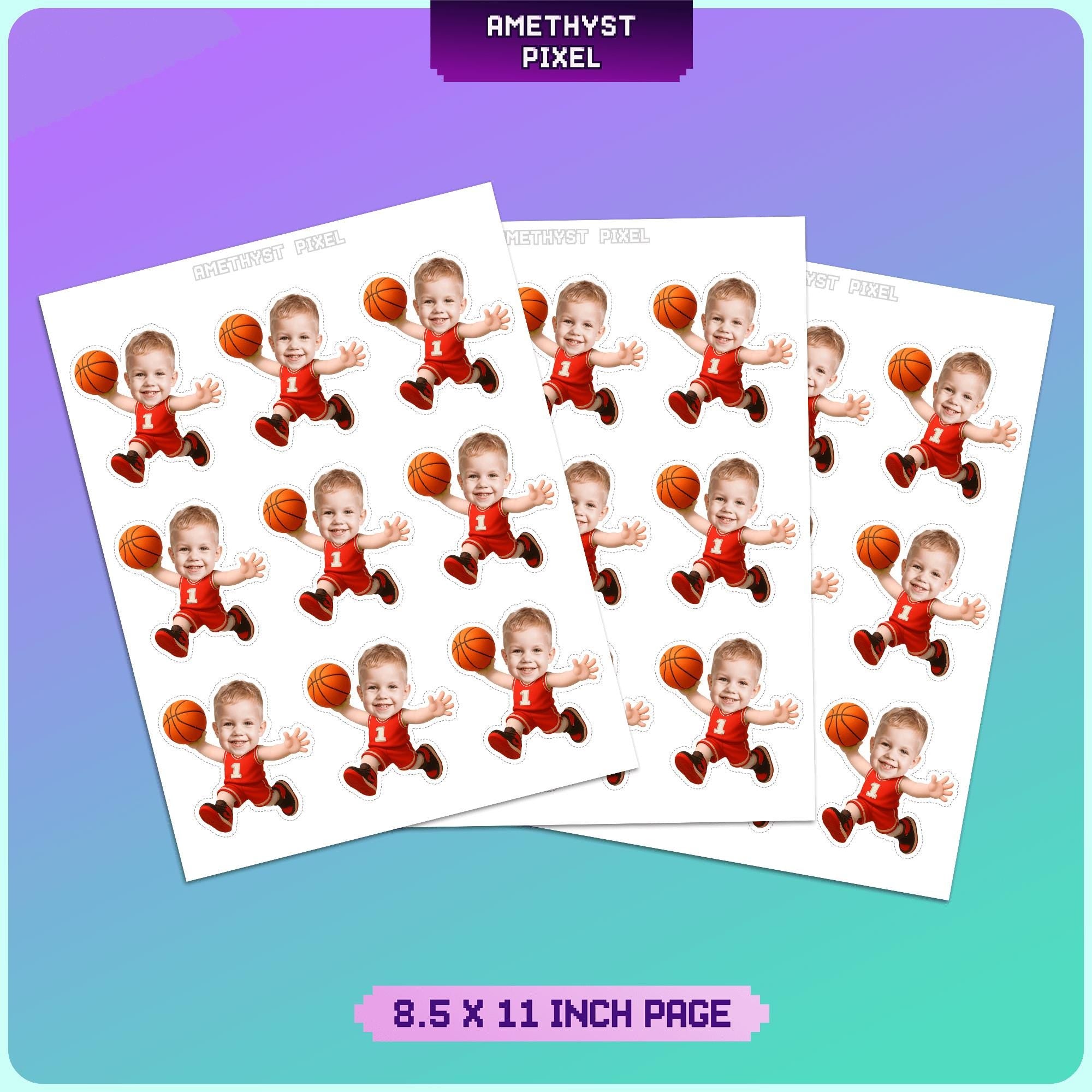 multiple identical images of a young child dressed in a red outfit, holding a basketball, and smiling. The image is a collage of several smaller images arranged in a grid-like pattern. The image is described as a page with 8.5 x 11 inch size, and it is a pixel-based image.