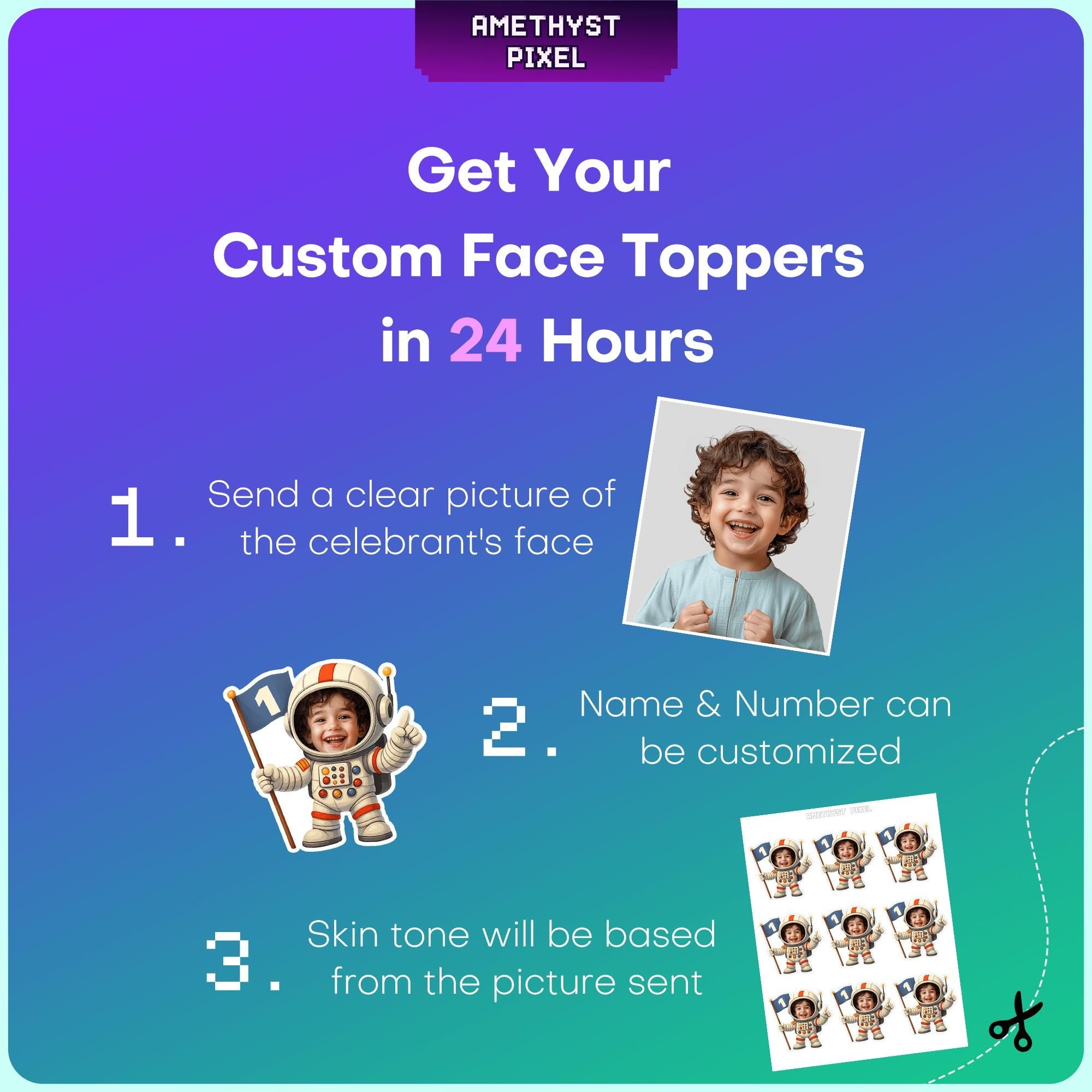 The image is a promotional poster for a service that allows users to create custom face toppers. It provides step-by-step instructions for creating a custom face topper, including sending a clear picture of the celebrant's face, customizing the name and number, and choosing a skin tone based on the picture sent.