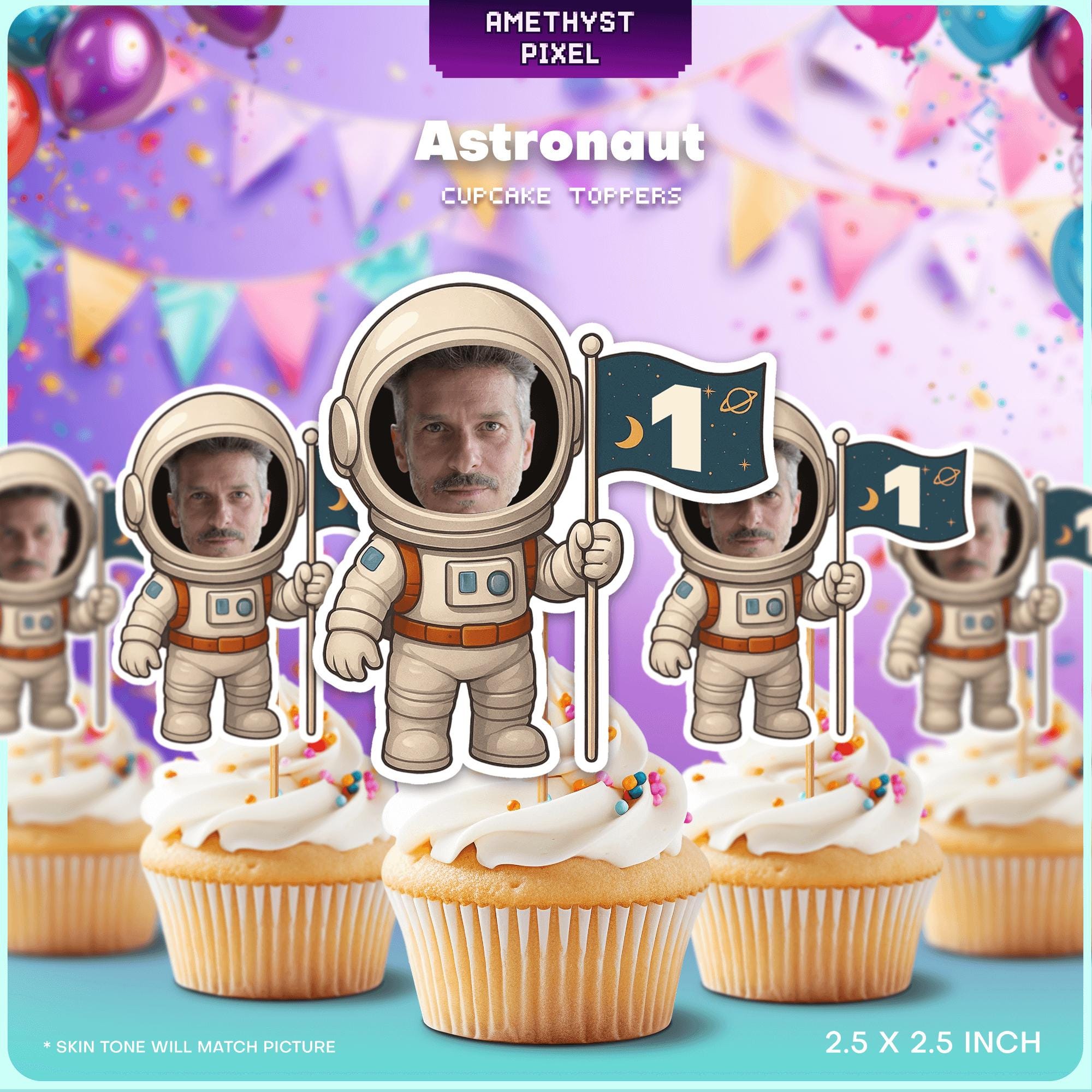 The image is a collection of cupcakes with astronaut-themed toppers, including a cupcake topper with a face and a flag.