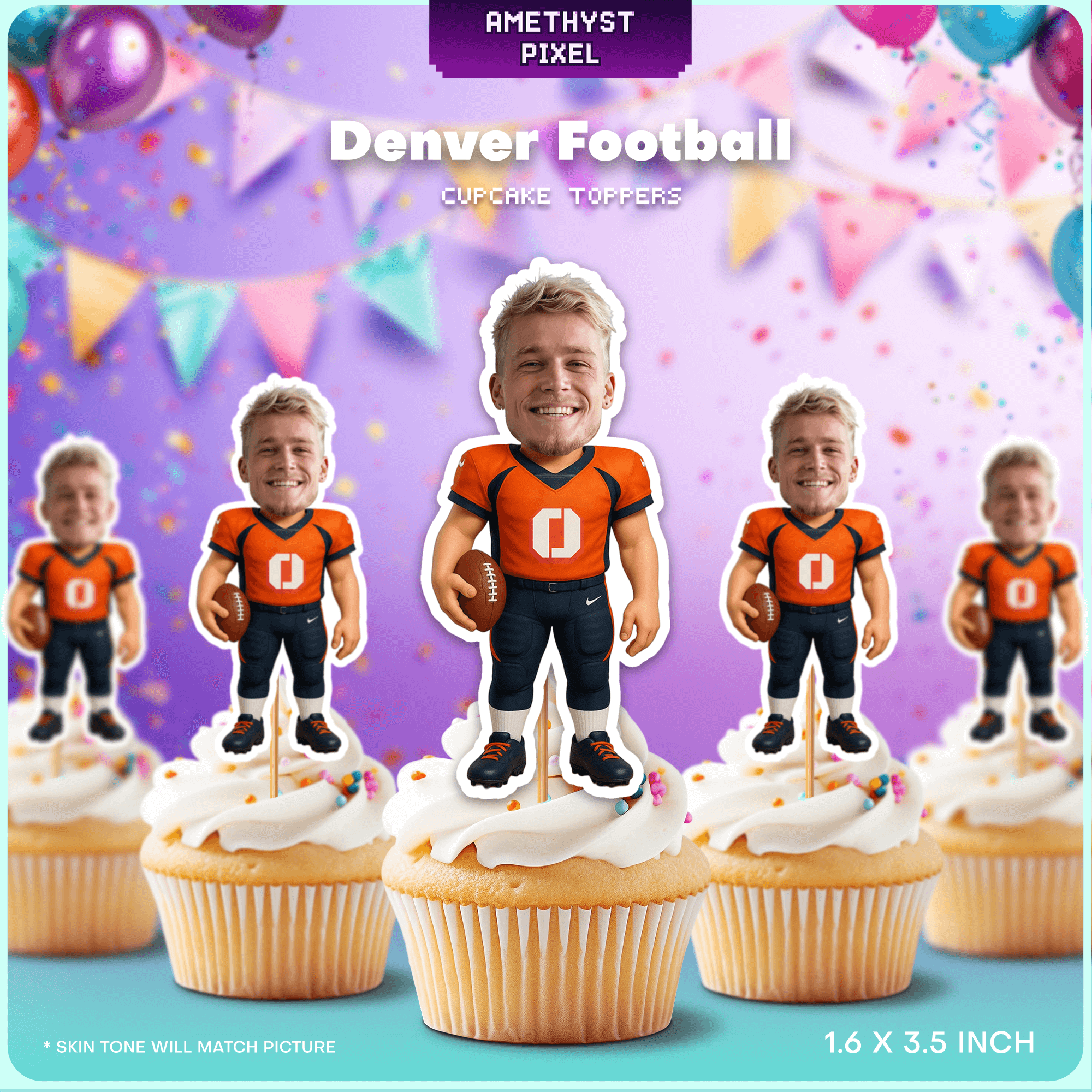 Football Cupcake Toppers: Denver Team Theme (Personalized