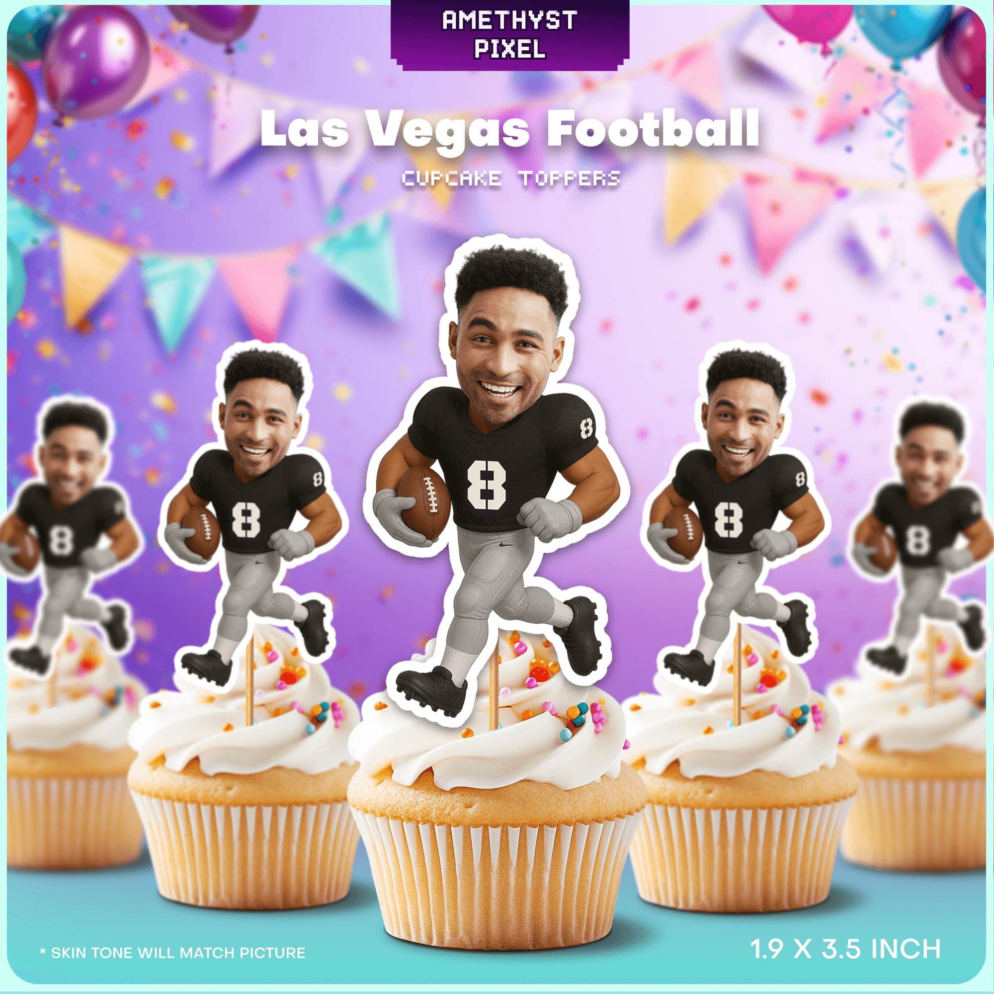 Custom Face Las Vegas Football Cupcake Toppers for Parties