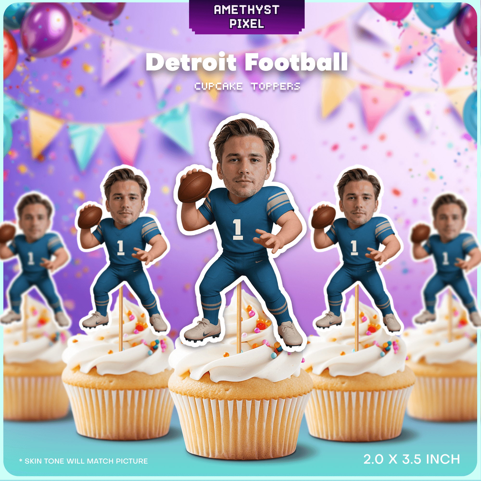 Detroit Football Cupcake Toppers: Custom Faces - Party Decorations