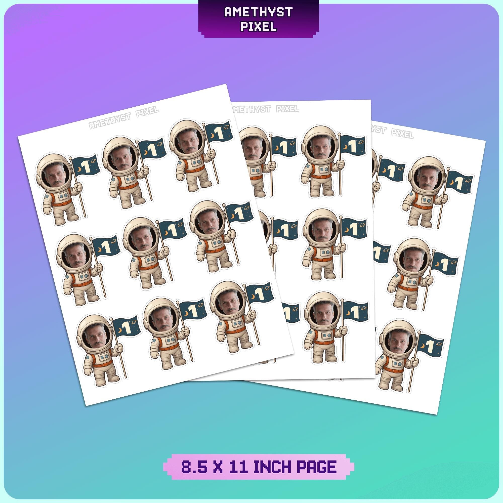 a collection of astronaut-themed stickers, each featuring a person wearing a spacesuit and holding a flag. The stickers are arranged in a grid pattern, with each row containing three stickers. The image is described as a "8.5 x 11 inch page" and is a "PIXEL".