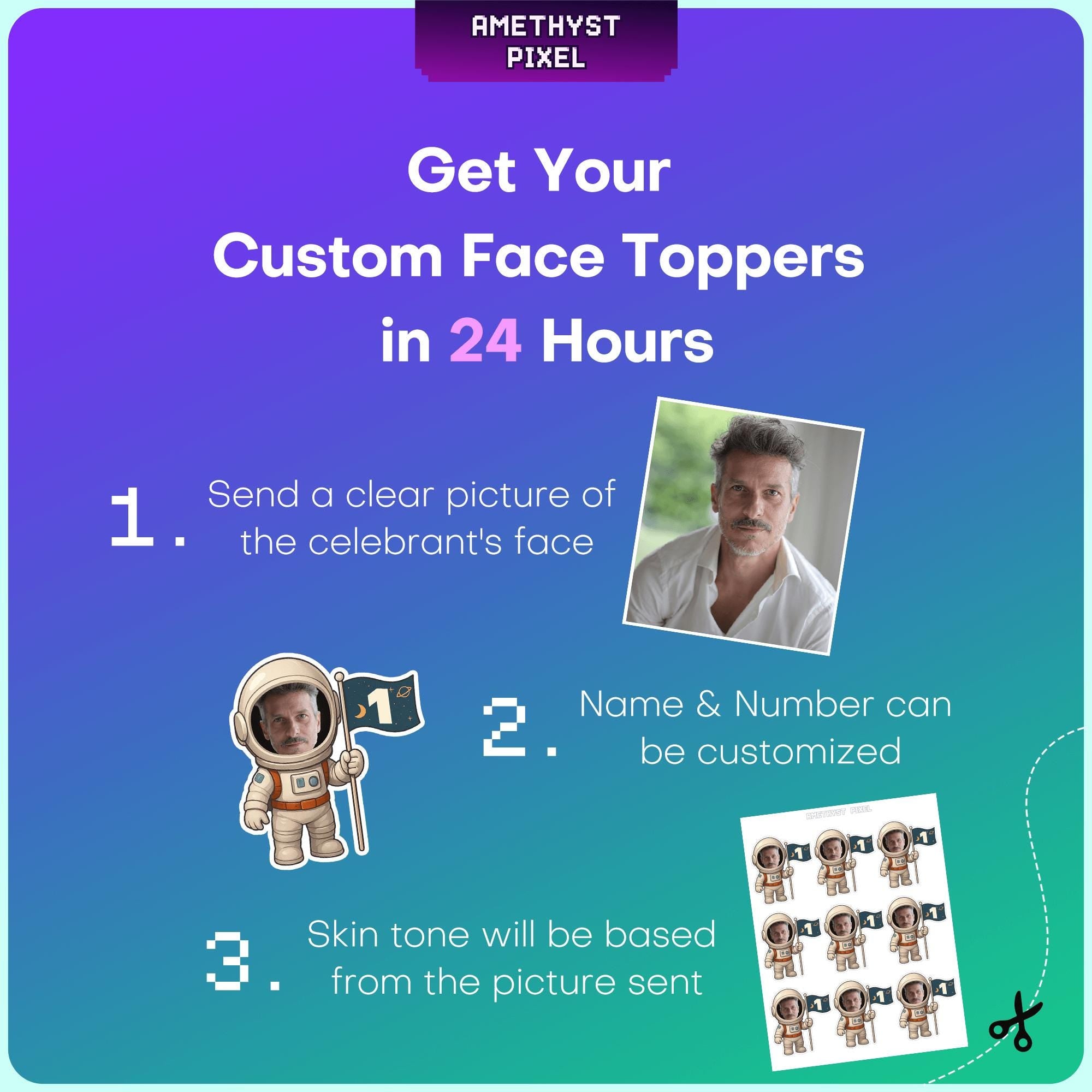 The image is a promotional poster for a service that allows users to create custom face toppers. It provides step-by-step instructions for creating a custom face topper, including sending a clear picture of the celebrant's face, customizing the name and number, and choosing a skin tone based on the picture sent.