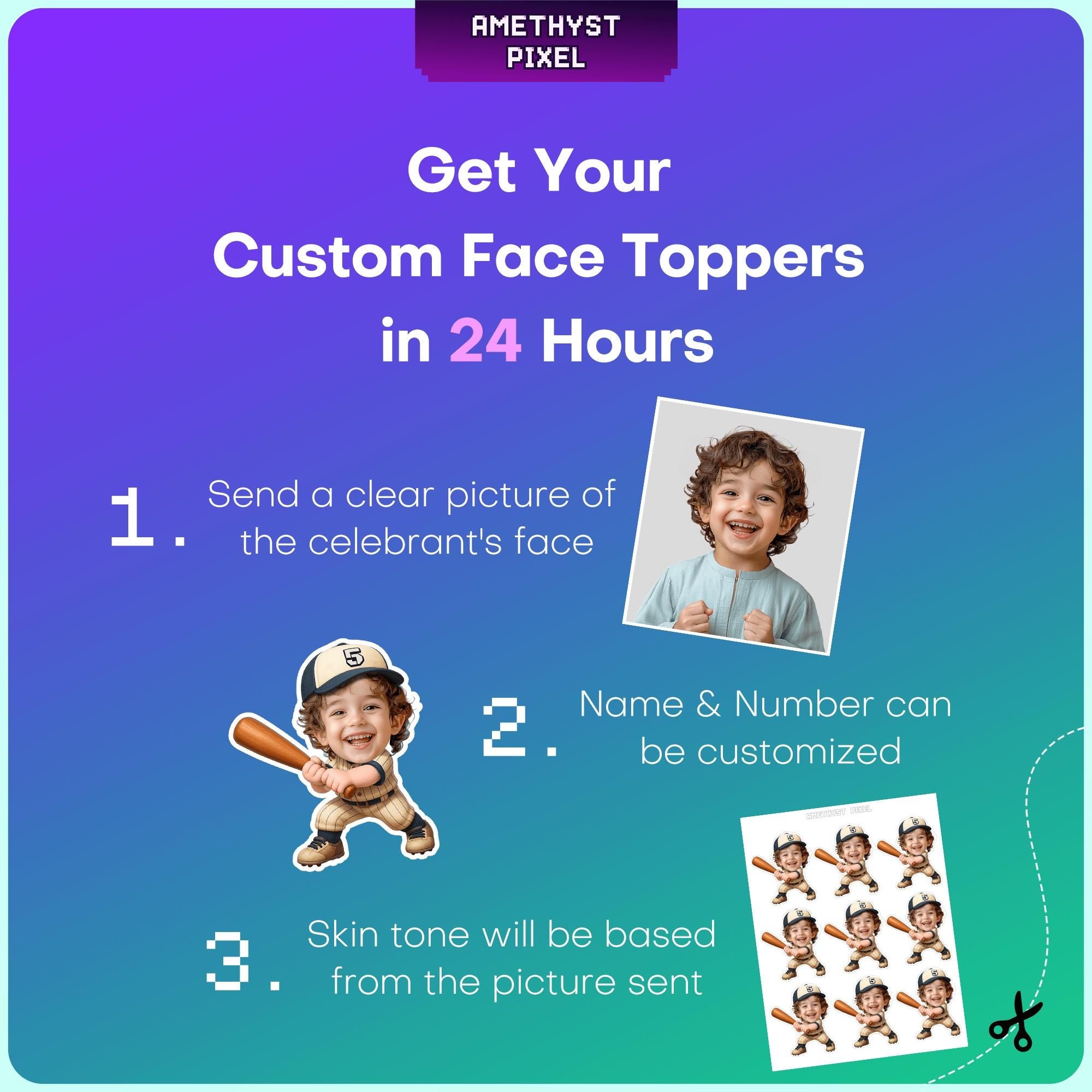 The image is a promotional poster for a service that allows users to create custom face toppers in 24 hours. It features a clear picture of a smiling young boy, along with instructions for creating a custom face topper.