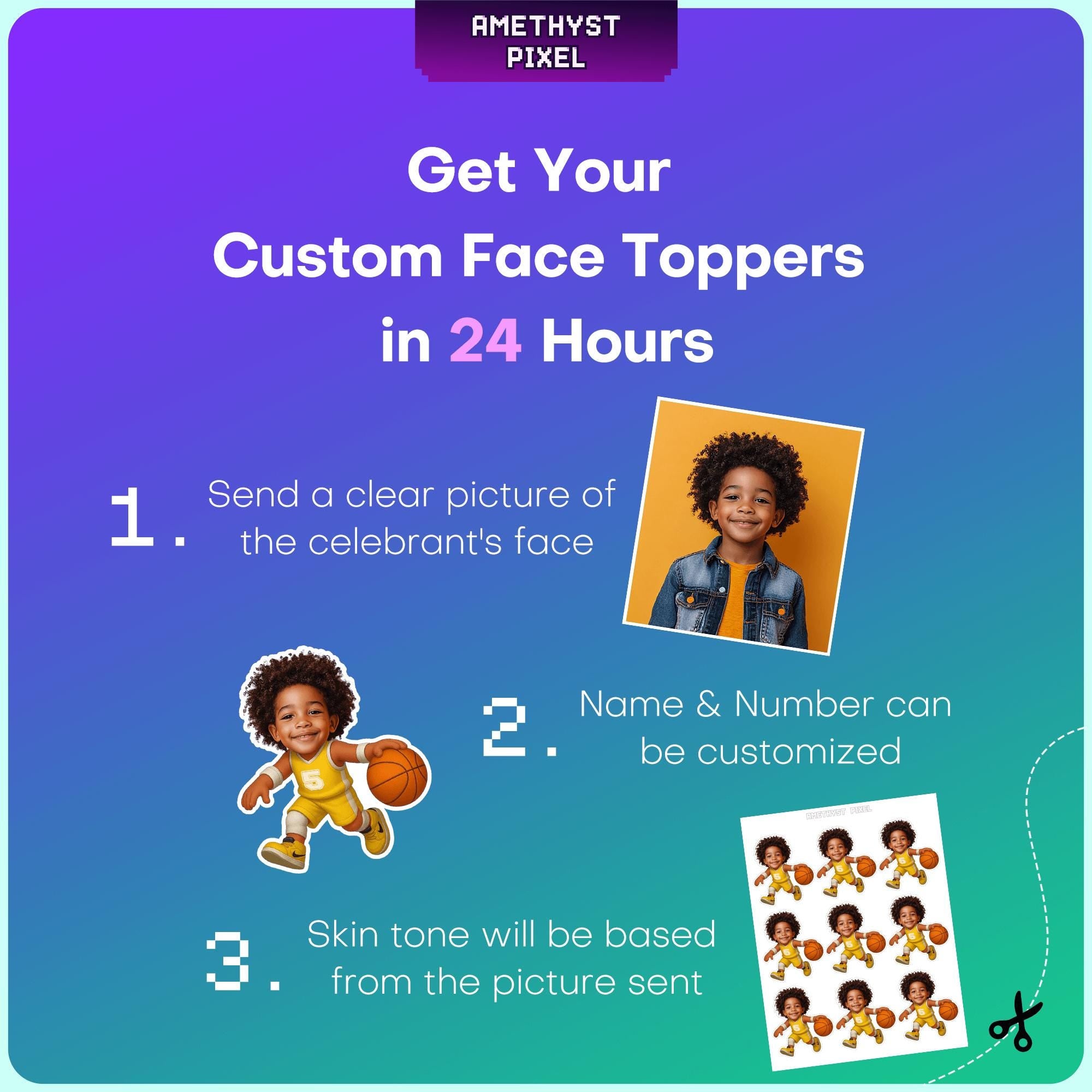The image is a promotional poster for a service that allows users to create custom face toppers in 24 hours. It features a clear picture of a young boy's face, along with instructions on how to customize the toppers.