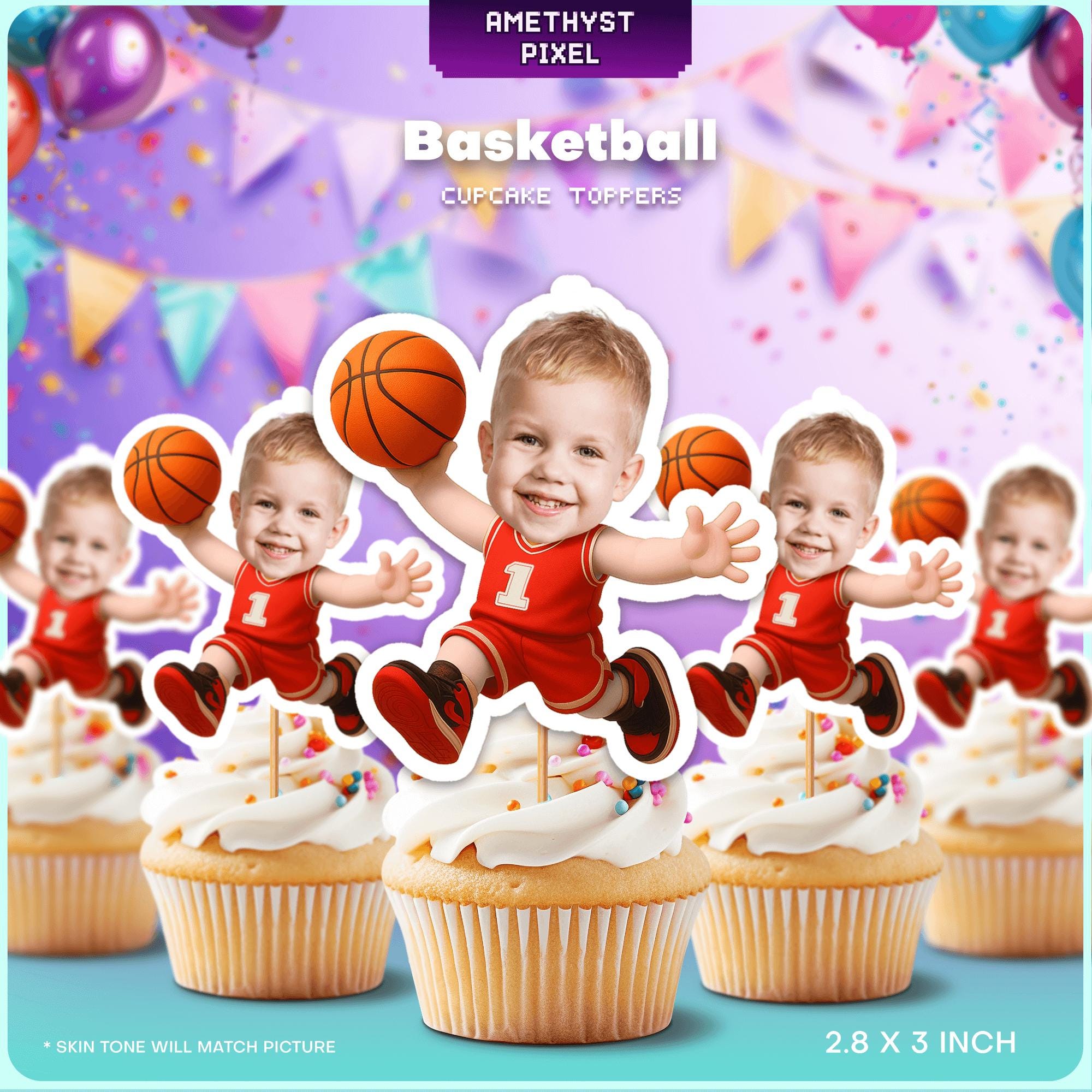 The image is a collage of multiple images featuring a young boy in a red basketball uniform holding a basketball, surrounded by cupcakes with white frosting and sprinkles.