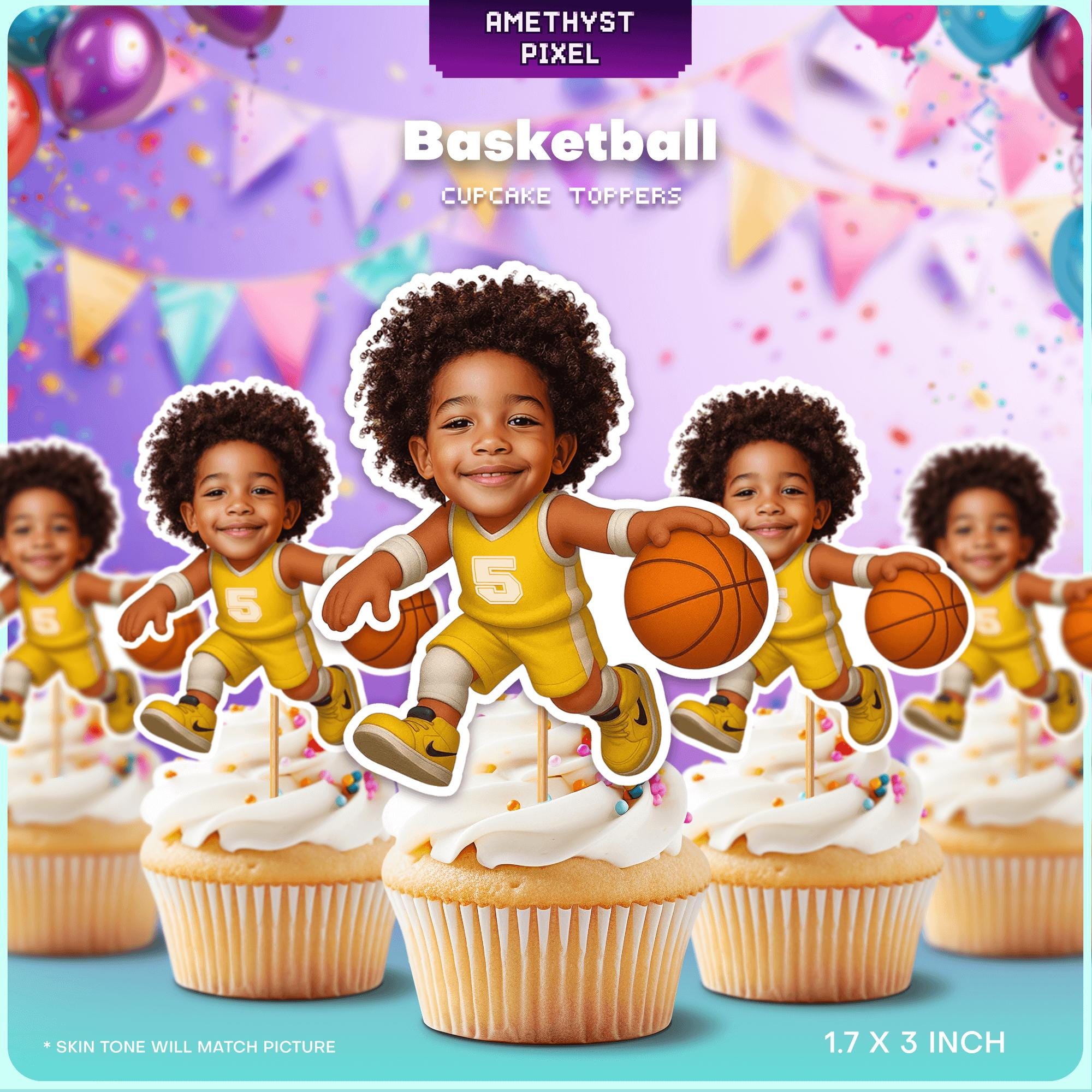 The image is a collage of multiple images featuring a young boy holding a basketball, with cupcakes on top of them.