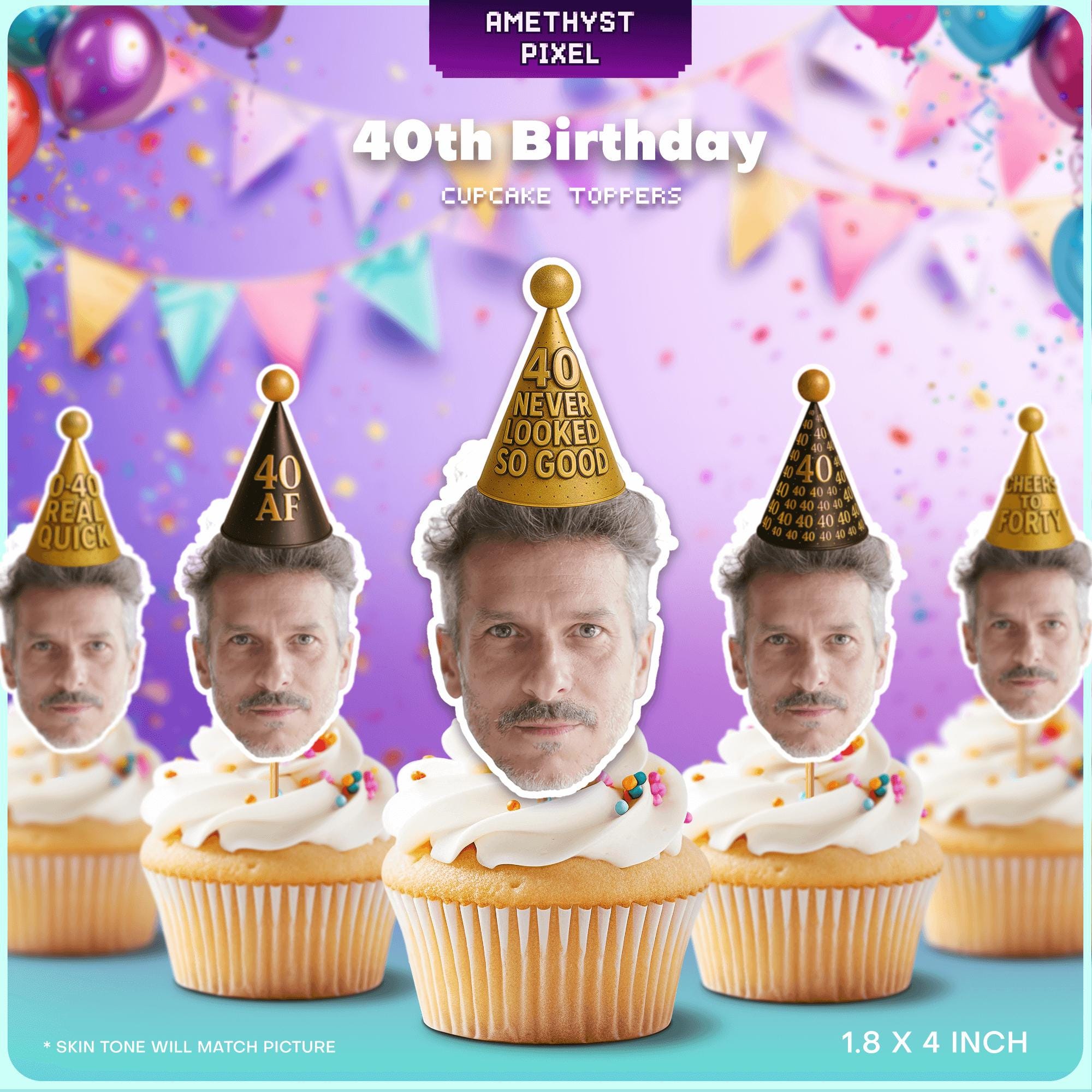 The image is a collection of cupcakes with face cutouts on top, each featuring a different age-related message. The cupcakes are arranged in a row, and the background is a purple color with confetti and balloons.