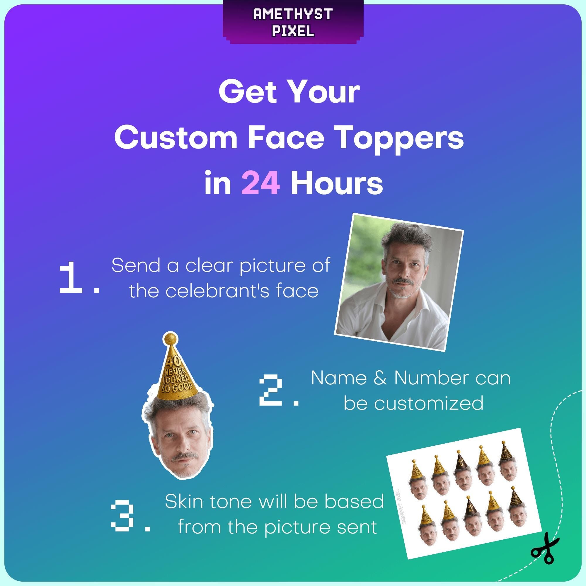 The image is a promotional poster for a service that allows users to create custom face toppers. It provides instructions on how to create a custom face topper, including sending a clear picture of the celebrant's face, customizing the name and number, and choosing a skin tone based on the picture sent.