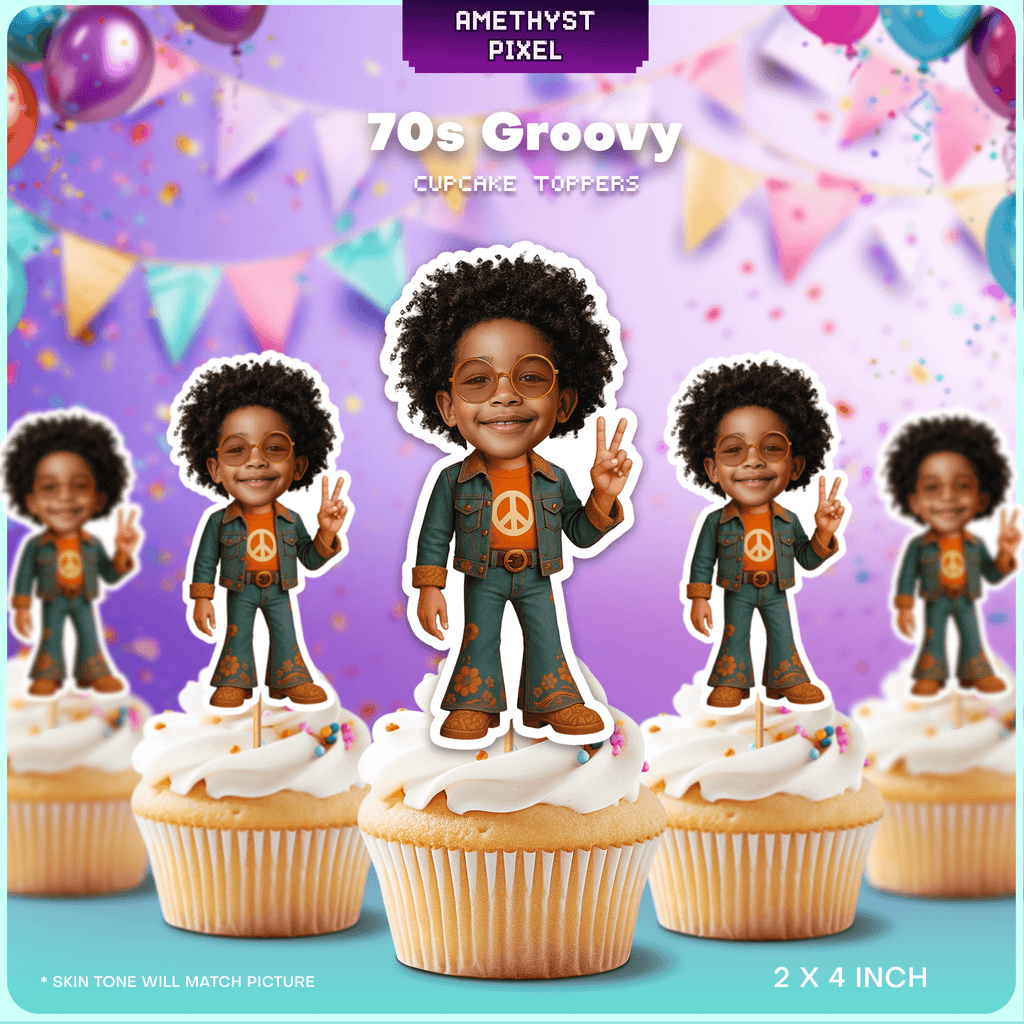 70s Groovy Party Custom Face Cupcake Toppers