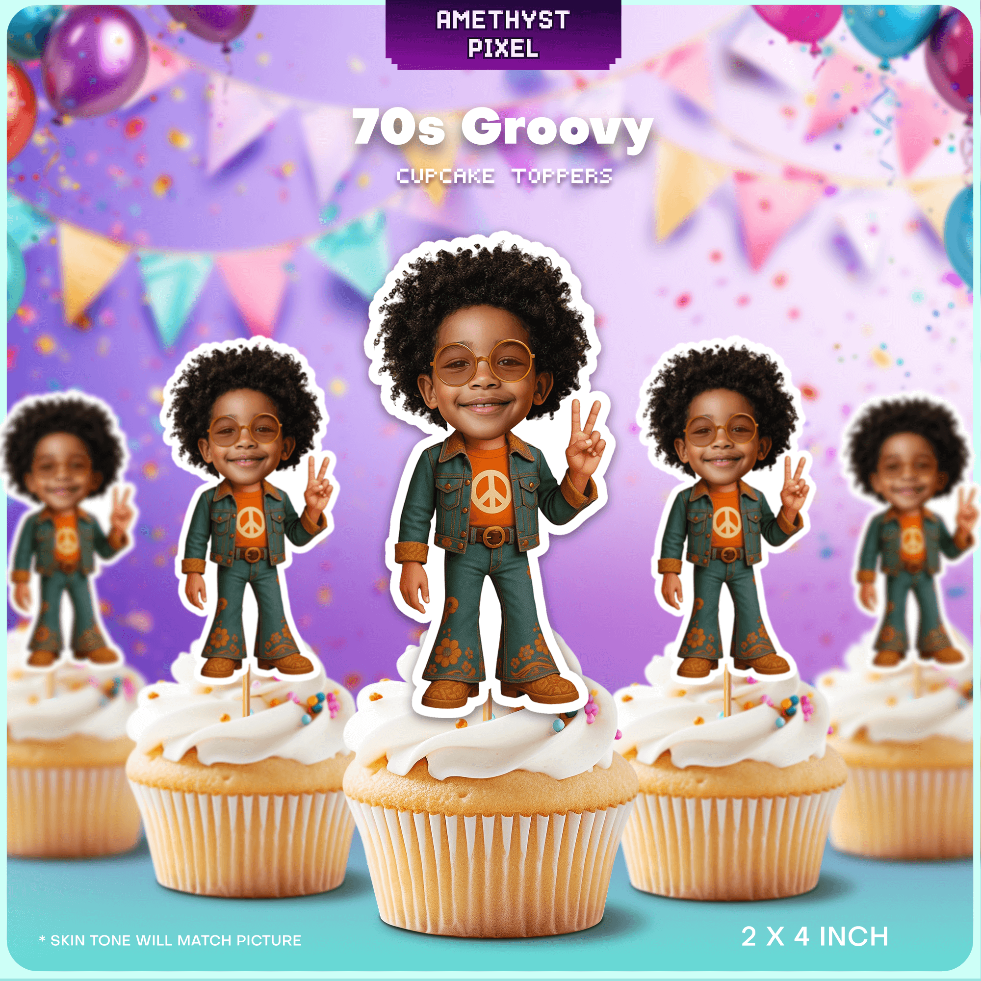 70s Groovy Party Custom Face Cupcake Toppers
